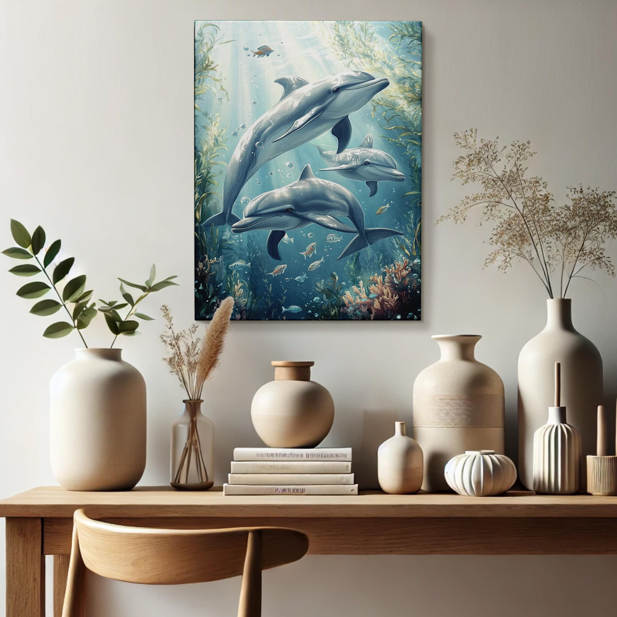 Amazon.com: Underwater Dolphin Canvas Art, Blue Gray Aquatic